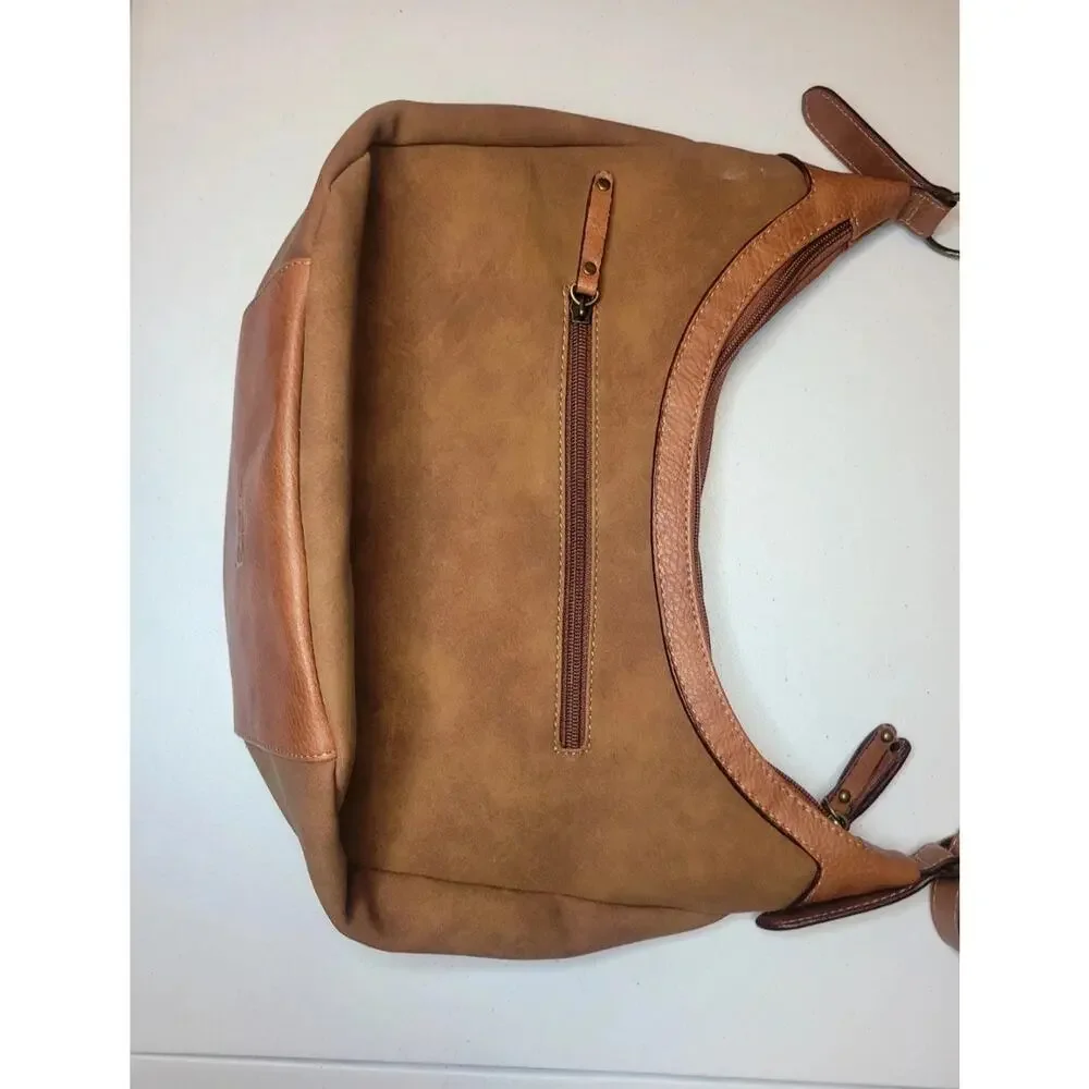 B.O.C Born Concept Shoulder Purse Bag Brown Vinyl Leather Dual Zips Stitches